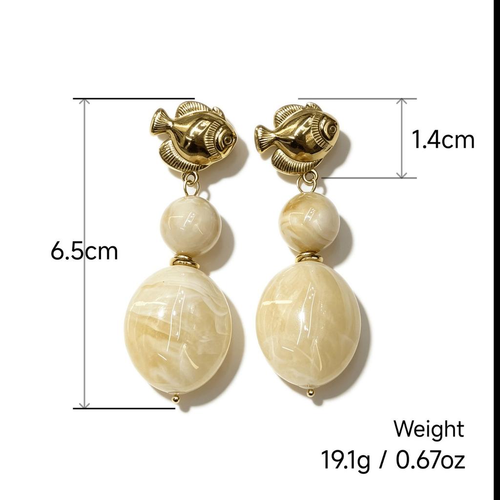 European and American stainless steel large pendant earrings, retro acrylic fashion earrings, small fish stone high-end jewelry