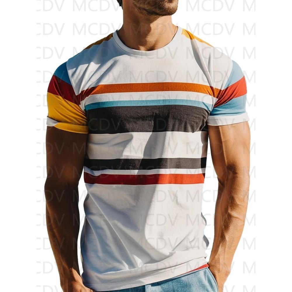 

Men s Crew Neck Rainbow Stripe Printed Casual Short-Sleeve T-Shirt Summer Top 6XL