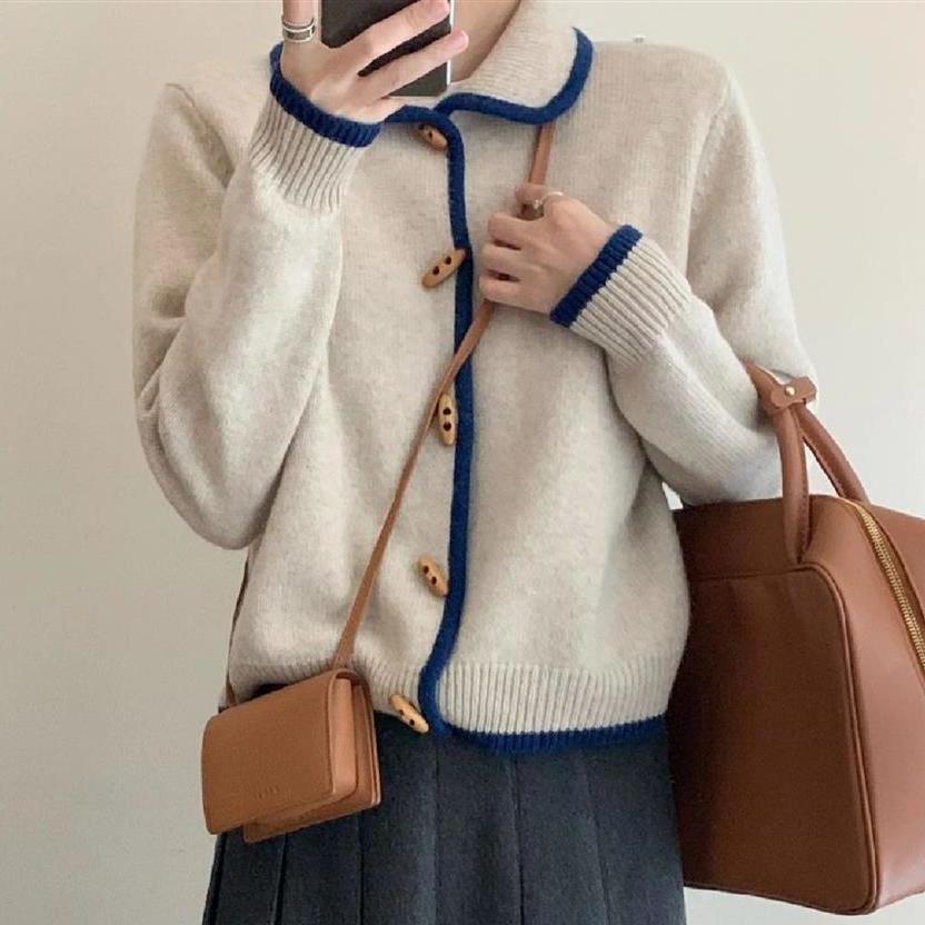 

Женский свитер с воротником-куклой и роговыми пуговицами, вязаный кардиган, осенне-зимний свитер, пальто XL