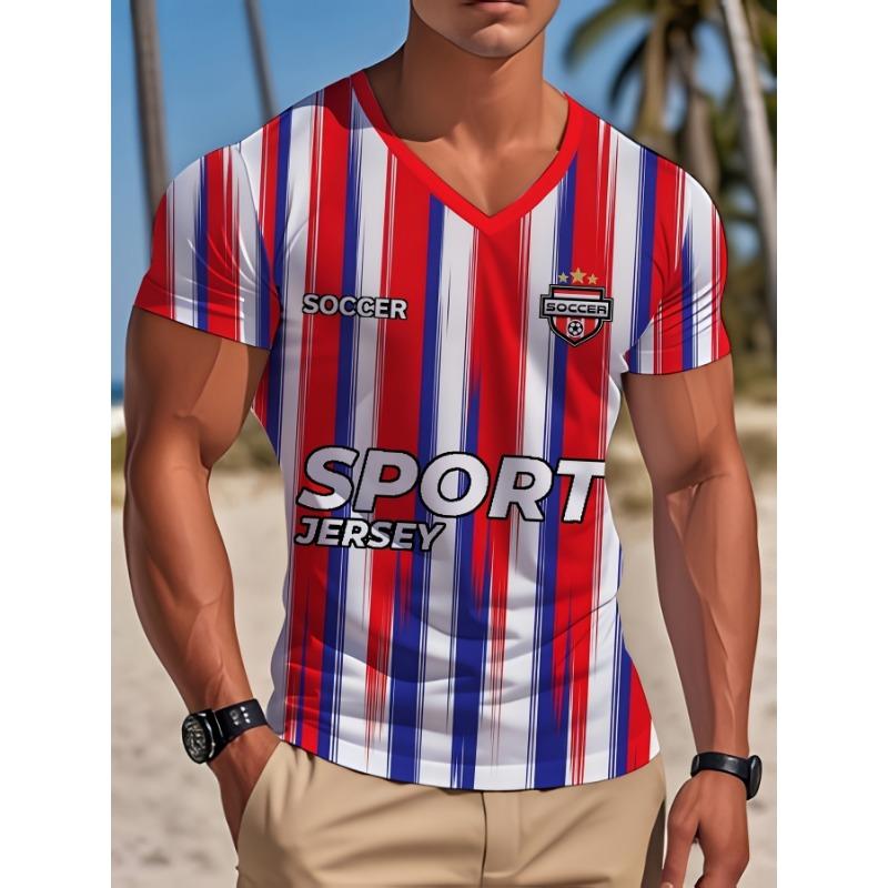 American Football Jersey Style Gradient Pinstripe Five-Star Shield Logo Print V-Neck Men'S Short Sleeve, Men'S Breathable Quick-Dry T-Shirt