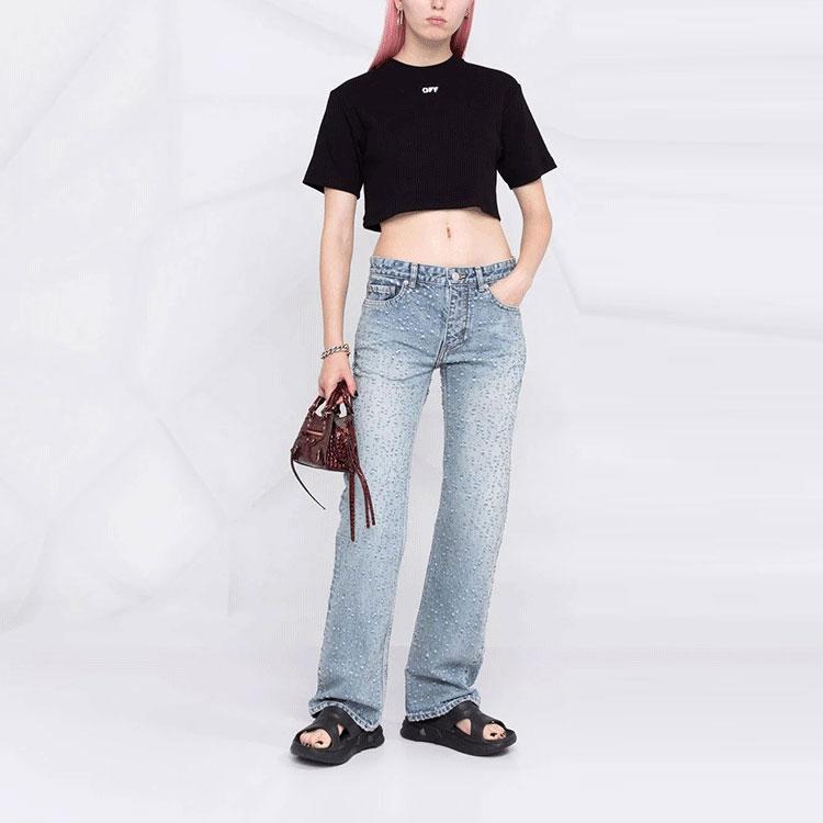 Off-White Off Stamp Ribbed Cropped Tee Black/White Women Tops OWAA081C99JER0011001