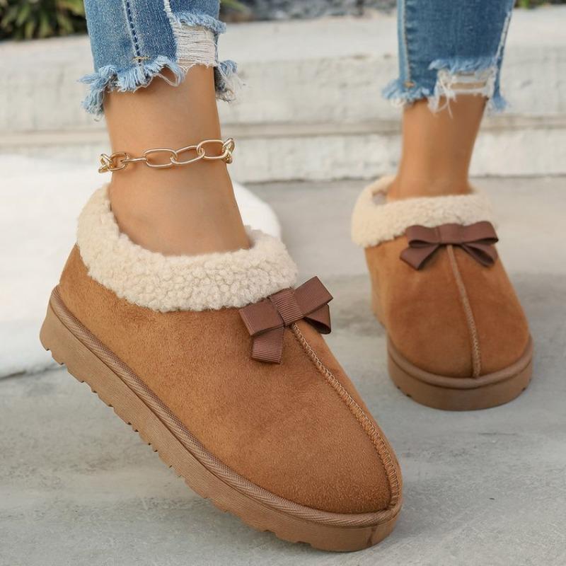 Women's Winter Suede Low-Cut Snow Boots - Bow Accent, Plus-Size, Fleece-Lined & Thickened, Warm