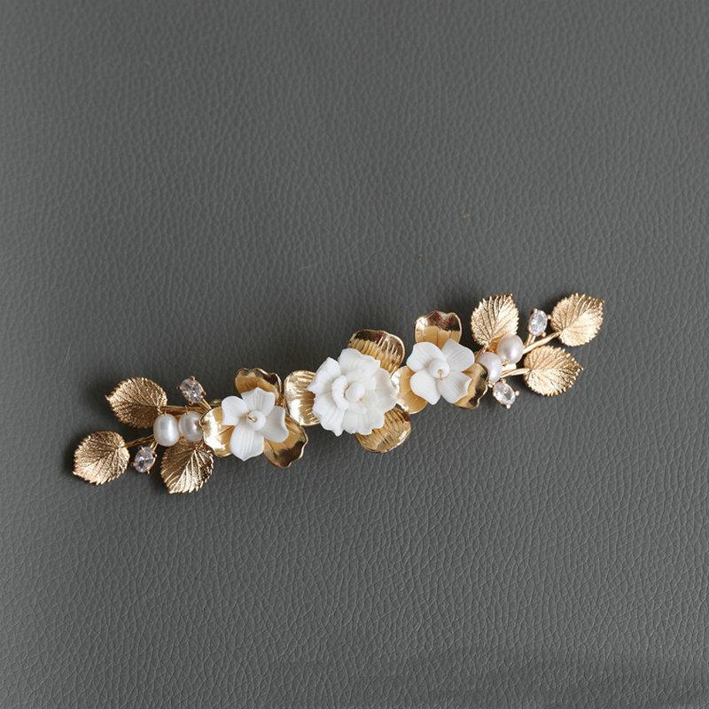 Ceramic Flower Hairpin Gorgeous Zircon Spring Side Clip Romantic Copper Leaf Wedding Hair Accessories Pearl Prom Jewelry