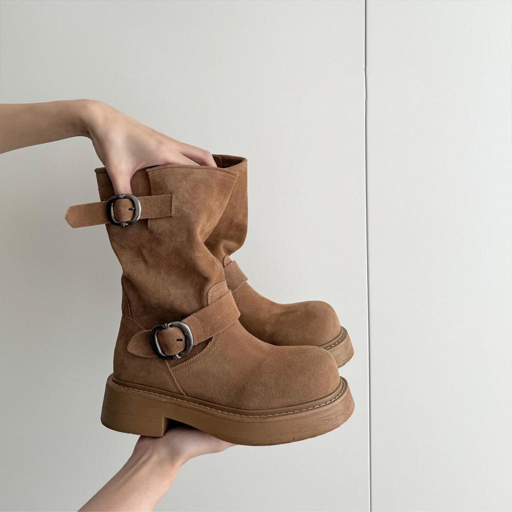 Vintage thick-soled Martin boots metal buckle western cowboy boots suede thick heel round head thin pile boots