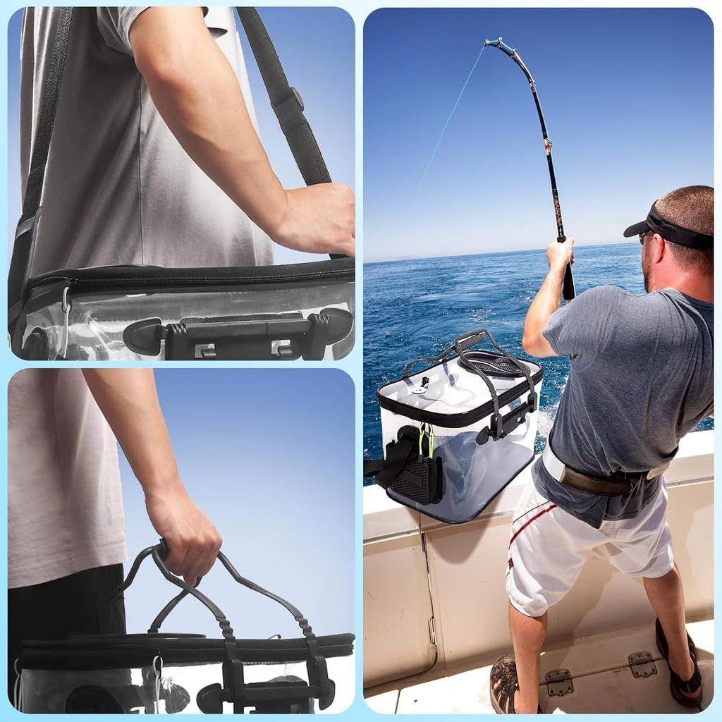 FISHING PATH Fishing Bucket, Transparent [See Fish At a Glance], 45cm, with Spring Cover, Pump Holder, Non-Slip Bottom, Shoulder Strap, Foldable