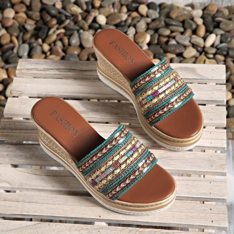 

Богемные полосатые плетеные сандалии на танкетке женские летние на толстой подошве уличные пляжные шлепанцы женские большого размера 43 модные шлепанцы на платформе 43 небесно-голубой