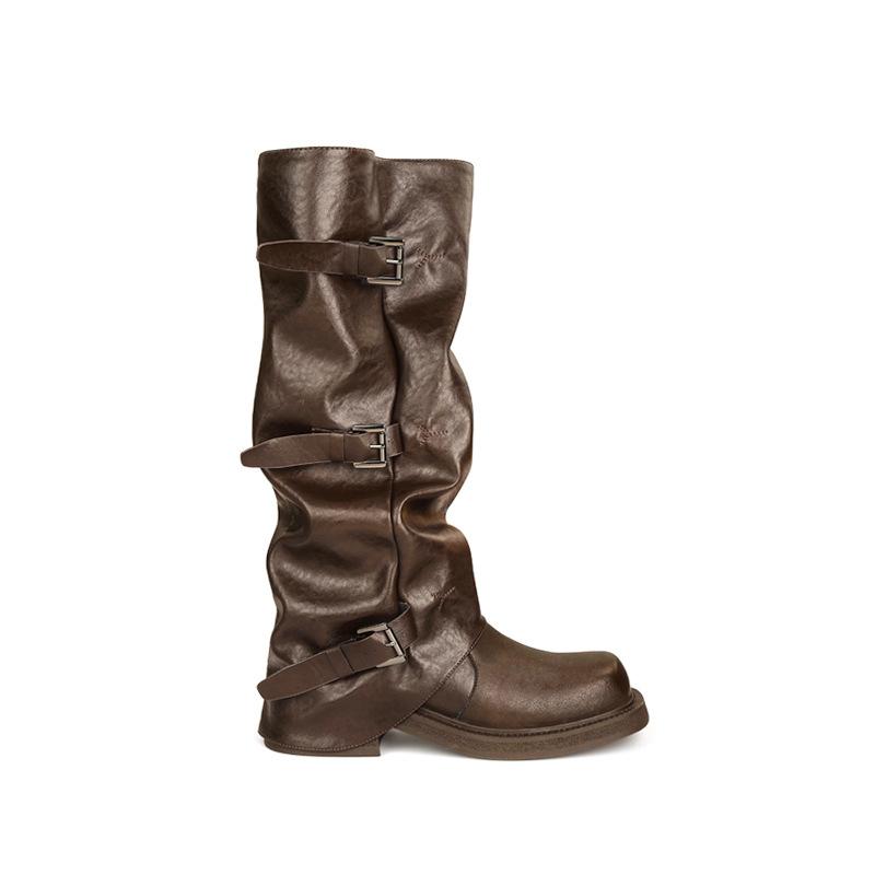 Cowhide~ Height Increased 6cm Belt Buckle Pleated Medium and High Boots Leather Knight Boots Women's Pants Tube Boots