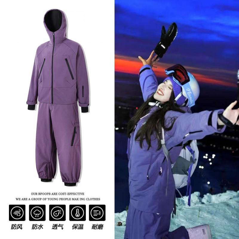 Unisex Waterproof Ski Suit Set Purple Black Thermal Insulated Snow Pants Jacket Winter Sports Outdoor Adventure