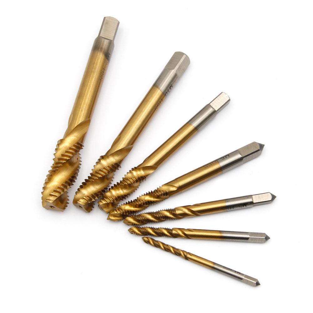 7-teiliger Hochgeschwindigkeitsstahl Schneckenspitzenbohrer M3-M12 Spiralbohrer titannitriert Maschinengewindebohrer Durchgangsloch-Gewindebohrsatz