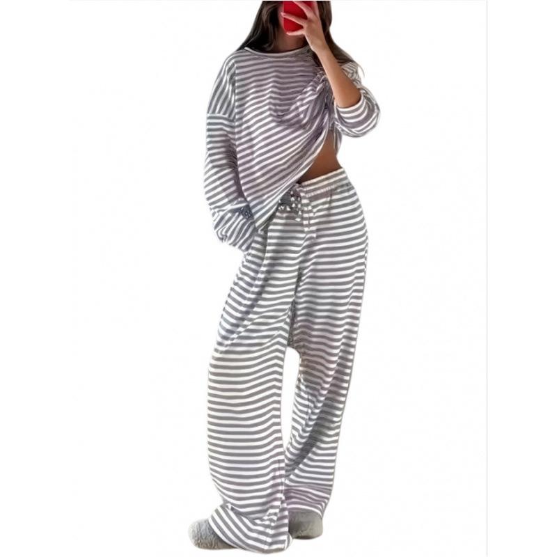 Europäische und amerikanische Damenbekleidung beliebt 2025 Herbst gestreiftes Langarmtop High-Waist-Hose Damenmode legerer Anzug