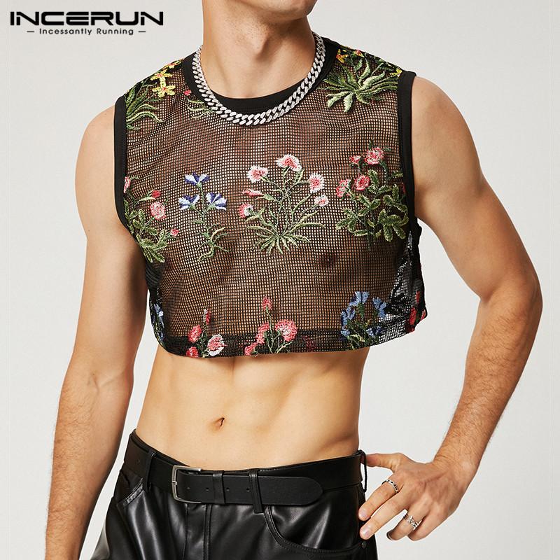 

INCERUN S-5XL летние прозрачные мужские модные топы на бретелях с цветочной вышивкой, облегающие пляжные полупрозрачные Клубные жилеты, укороченные топы