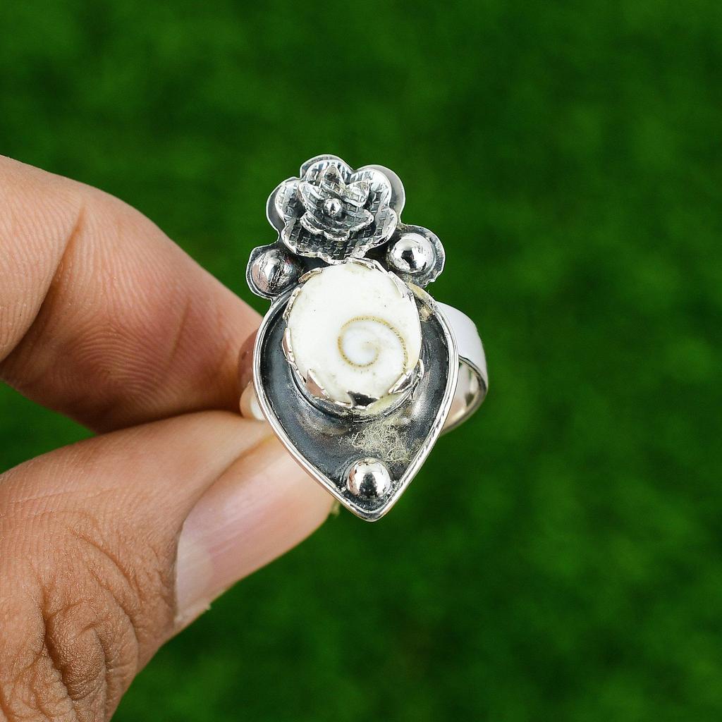 Natural Shiva Eye Shell Statement Flower White Adjustable Ring 925 Silver