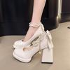 Perlenkette kleine einzelne Schuhe dicker Absatz Mary Jane High Heels Schleife mit Rock High Heels Damen