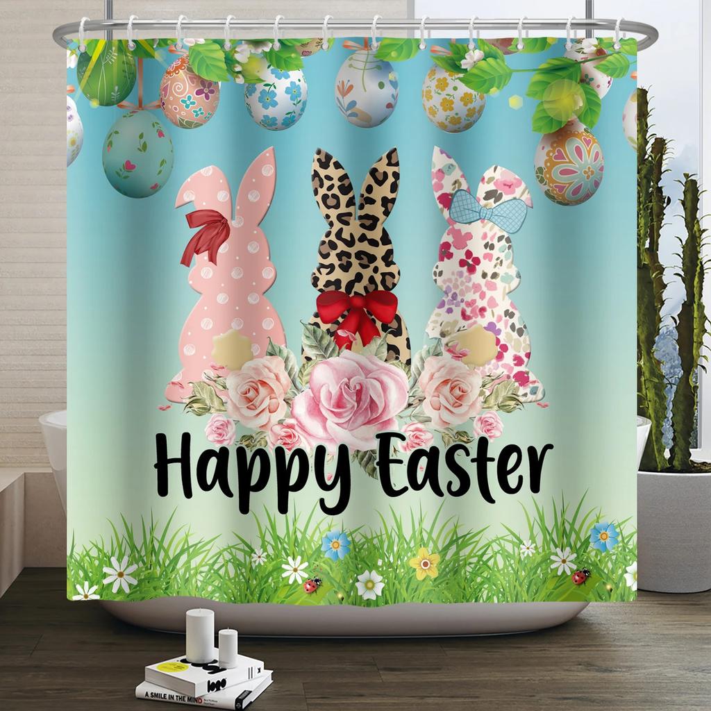 Spring Easter Shower Curtain Happy Rabbit Bunny Eggs Flower Garden Floral Holiday Waterproof Bathroom Shower Curtain With Hooks