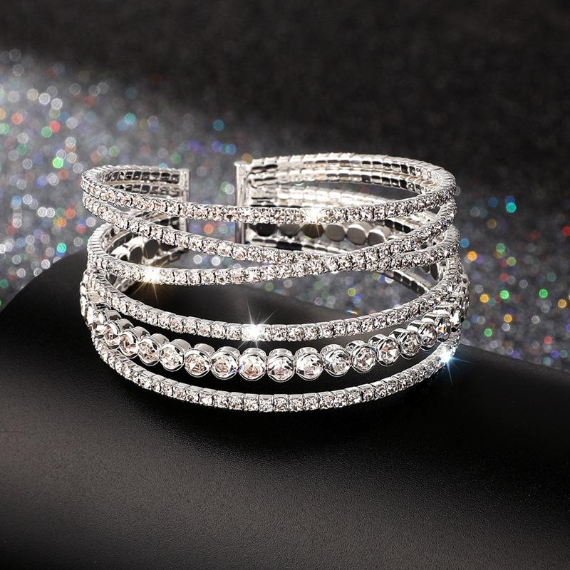 Diamond-Encrusted Steel Wire Elastic Bracelet Six Rows Open ** Fork Wound Rhinestone Bracelet Full Diamond Bracelet Female