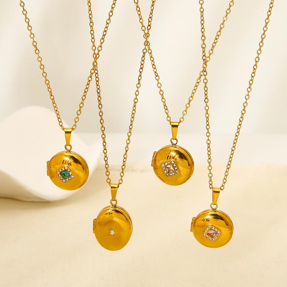 ins Popular Stainless Steel Magnetic Elliptical Zircon Phase Box Pendant Necklace Plated 18K Gold Geometric Jewelry Women