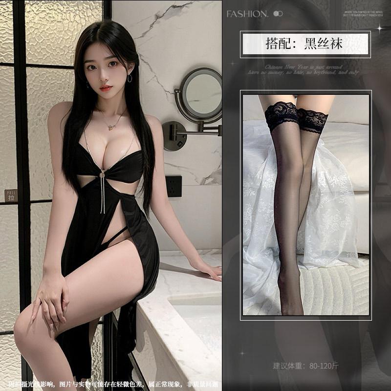Suspender rhinestone chain deep V slit hollowed out sexy long dress erotic underwear, small chest friendly perspective nightdress