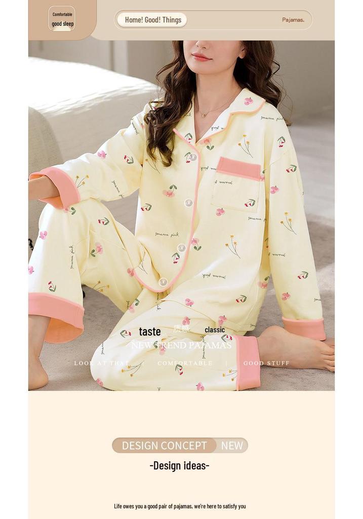 French Floral Faux Cotton Women's Pajama Set - Spring/Autumn Long Sleeve & Pants, Loose Cardigan Style for Middle-aged Women.
