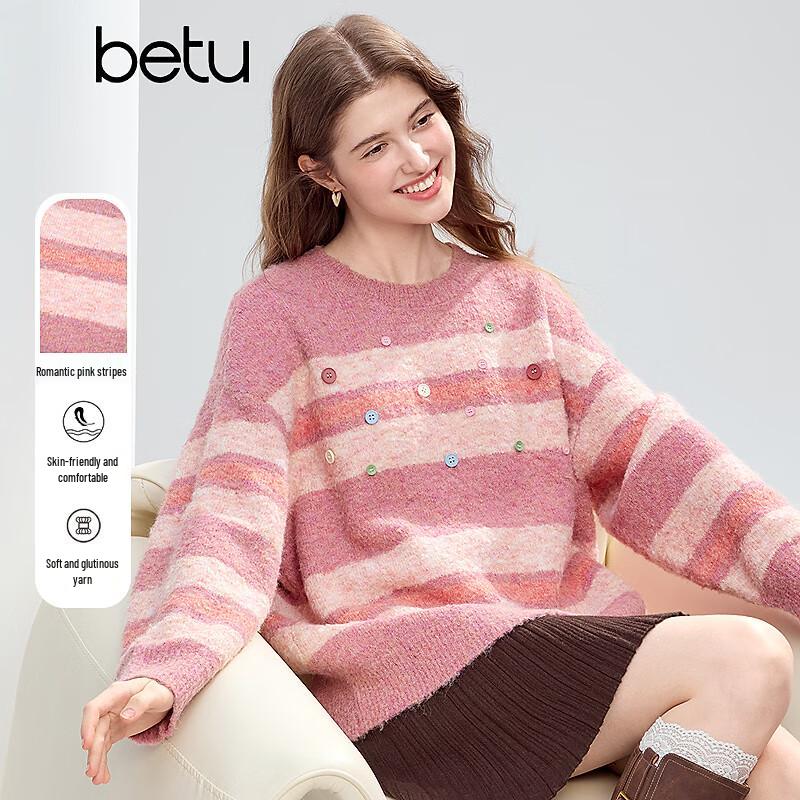 

Betu Women s Striped Drop-Shoulder Sweater with Colorful Buttons M