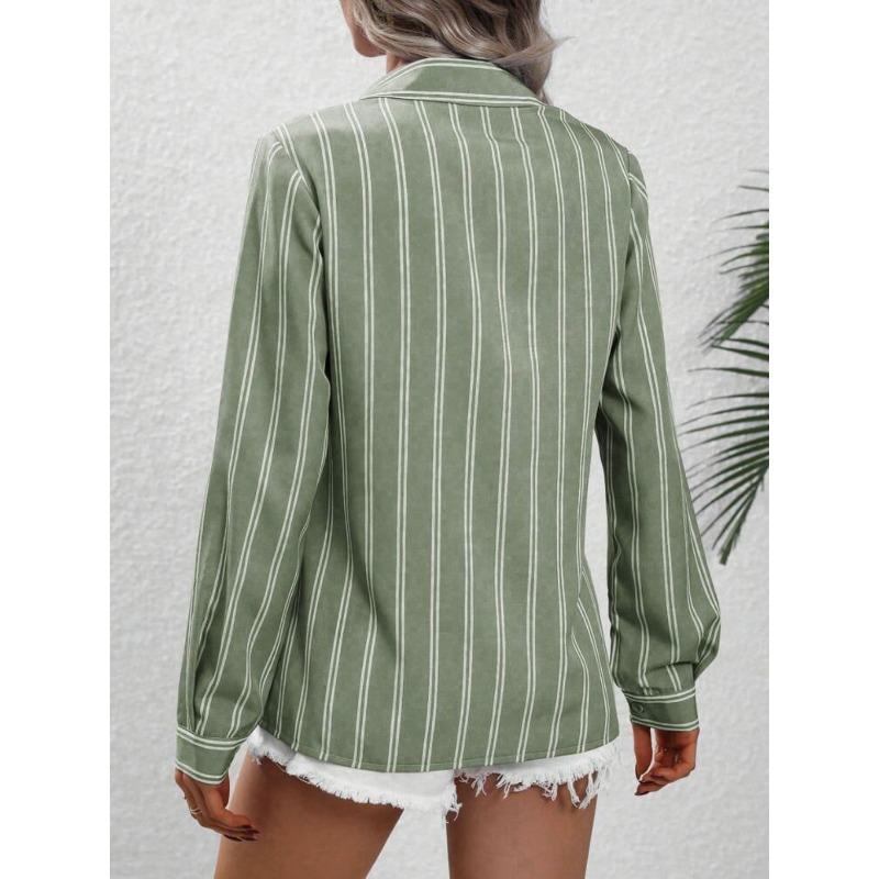 Women's Shirt Autumn Commuting Style Fashion Lapel Blouses Striped Loose Long Sleeved Shirt Women