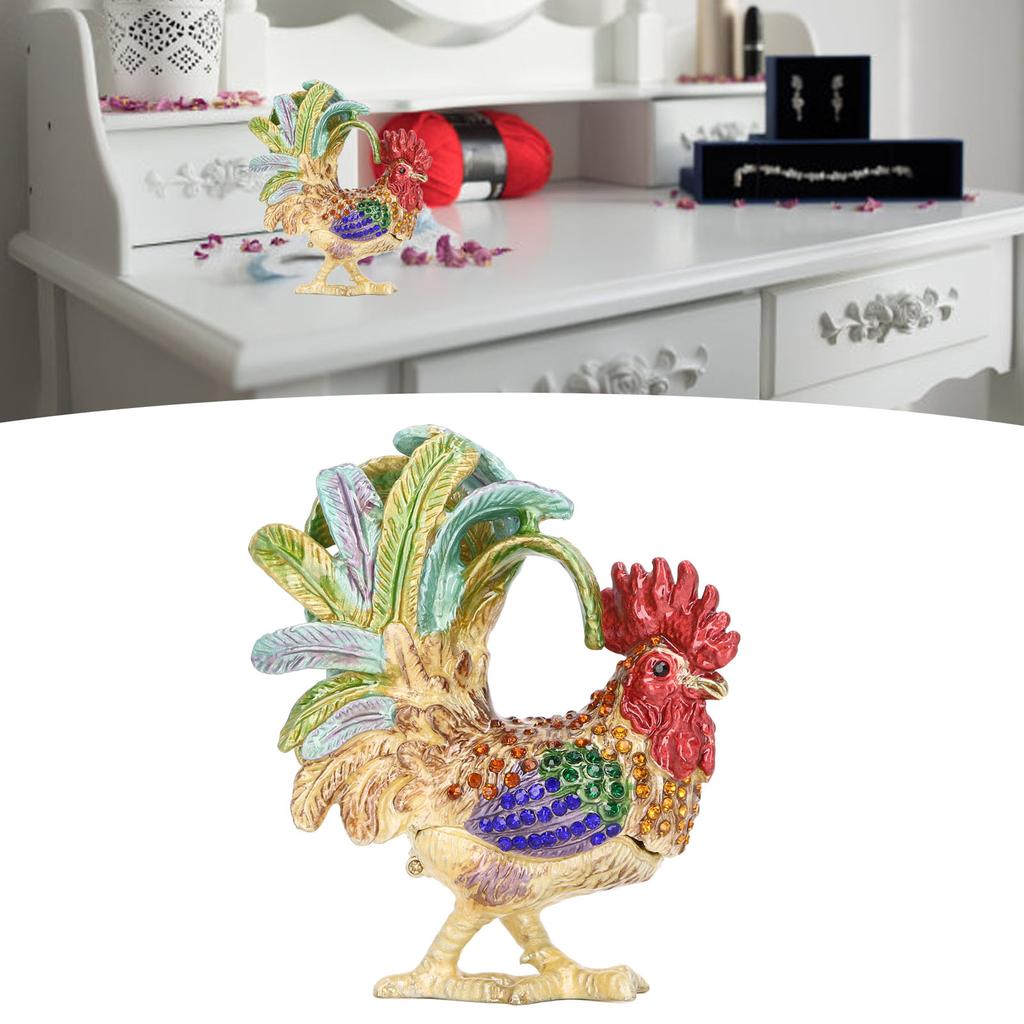 Rooster Trinket Box Embedded Rhinestone Alloy Bright Colors Wide Application Bejeweled Box for Jewelry Dressing Table