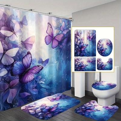 1pc/4pcs Purple Butterfly Shower Curtain Set, Waterproof Polyester Blend, Artistic Graphic Design, With Hooks, Machine Washable