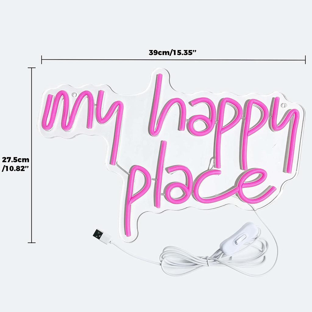 GGK My Happy Place Neon Sign LED Light up My Happy Place Sign for Wall Decor Pink Neon Lights Neon Letters Room Aesthetic Accessory (My happy place)