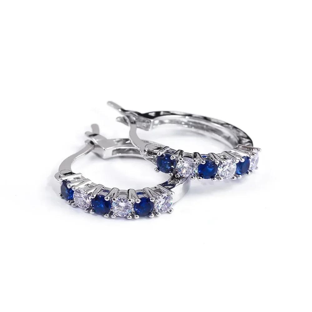 Luxury Colorful Blue Zircon Hoop Earrings for Women CZ Crystal Silver Color Hoop Earrings Wedding  Brincos Gifts