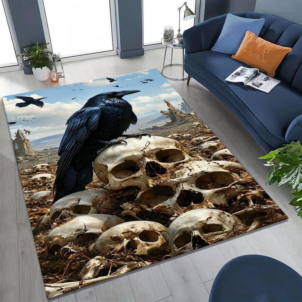 3D Norse Viking Oding Raven Crow Skull Huginn Muninn Rug for Bedroom Living Room Sofa Home Doormat Decor,kids Non-slip Floor Mat