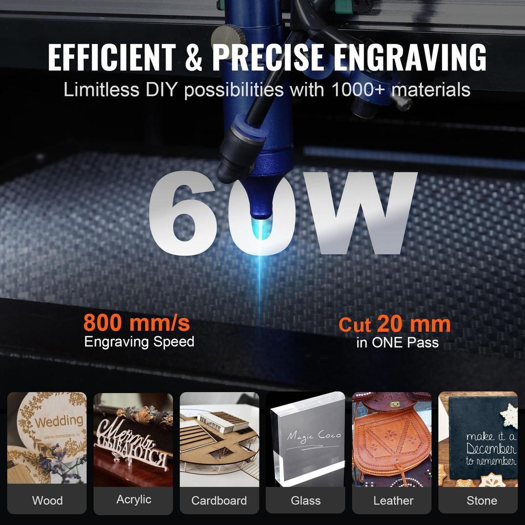 CO2 Laser Cutting Engraving Machine - Compact Type - Worktable Size 40x60 Cm - Power 60 Watts
