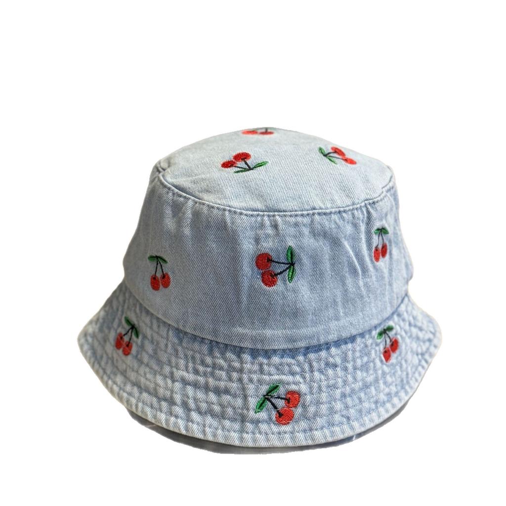 Spring and summer new style small cherry denim fisherman's hat, a fashionable and cute sunshade hat for women, suitable for outdoor leisure and sun