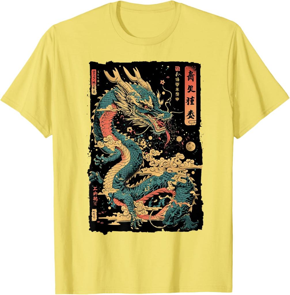 Japanese Dragon Graphic Tee Mens Casual Cotton Print Short Sleeve Crew Neck TShirt