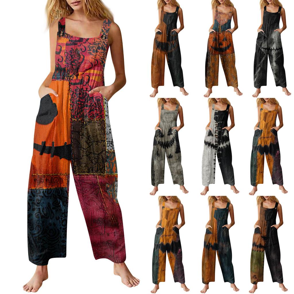Women's Fashion Halloween Print Casual Vintage Sleeveless Button Jumpsuit