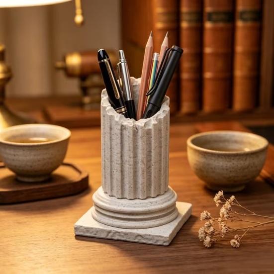Vintage Roman Pillar Pen Holder, 3D Printed Column Stationery Container, Decorative Pencil Organizer Box for Home Office Desk