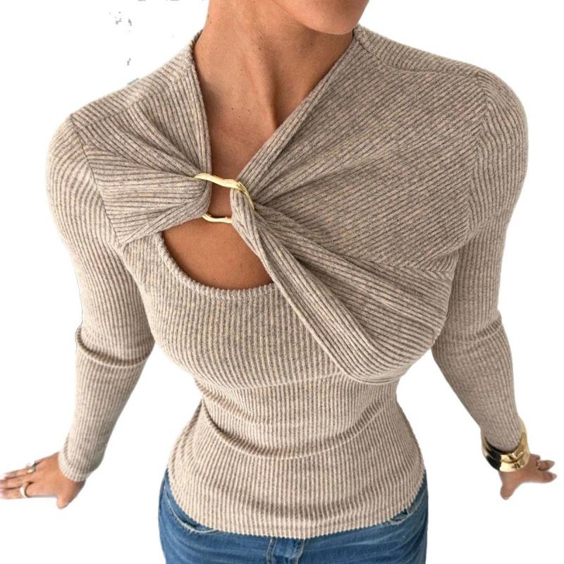 Women S Long Sleeve Knit Top With Irregular Neck Metal Buckle Decor Solid Color