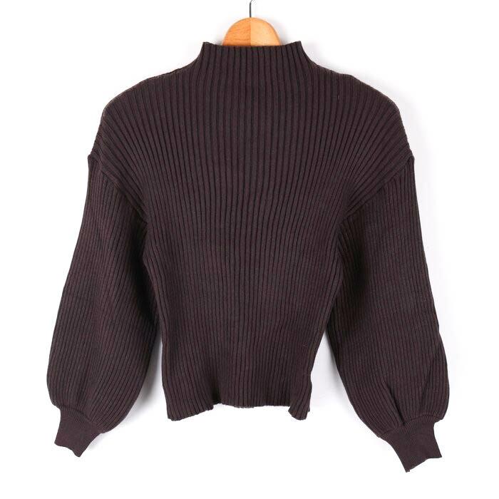 Grail Knit Sweater Long Sleeve Volume Sleeve Short Length Rib Plain Tops Women s F Size Brown GRL [Used]