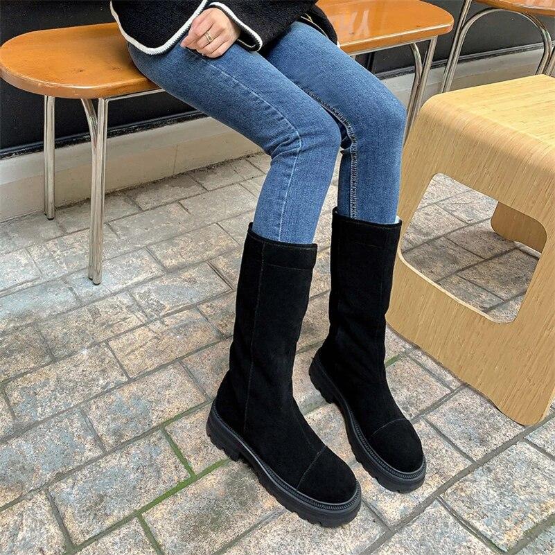 Meotina Bottes mi-mollet en cuir véritable pour femmes, bout rond, talons épais, plateforme, laine, daim, chaussures de mode pour dames, hiver 40
