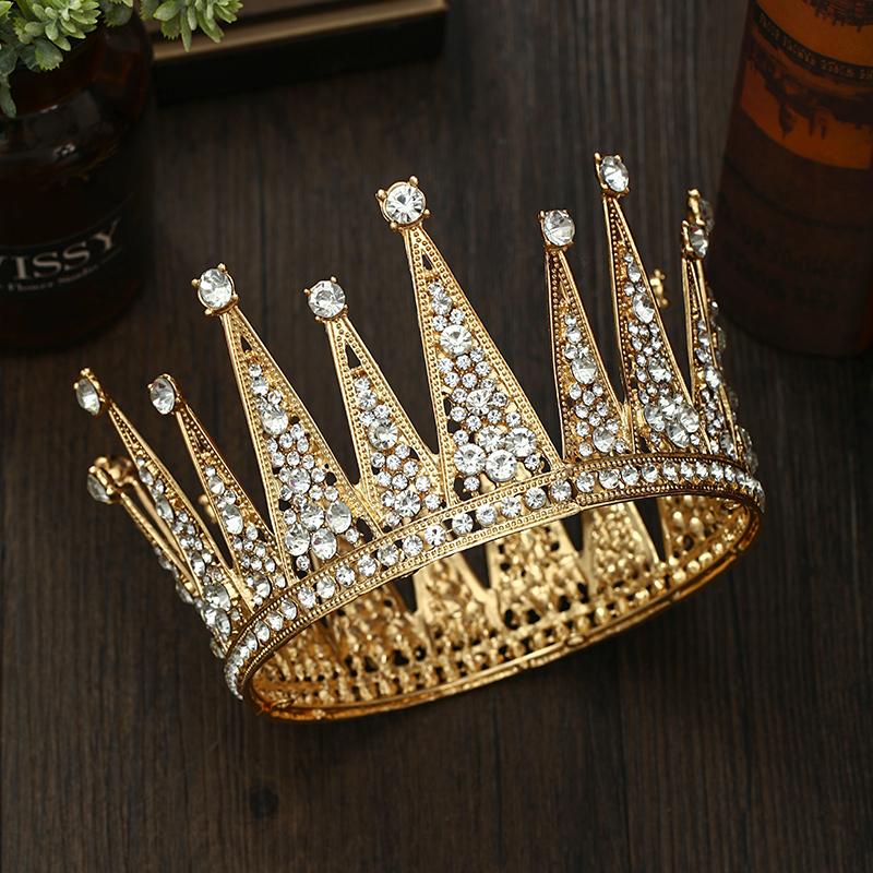 Golden Rhinestone Round Crown Tiara Hair Jewelry Wedding Hair Accessories for Bridal Crown Tiaras  Crystal Rhinestone Crown Gift