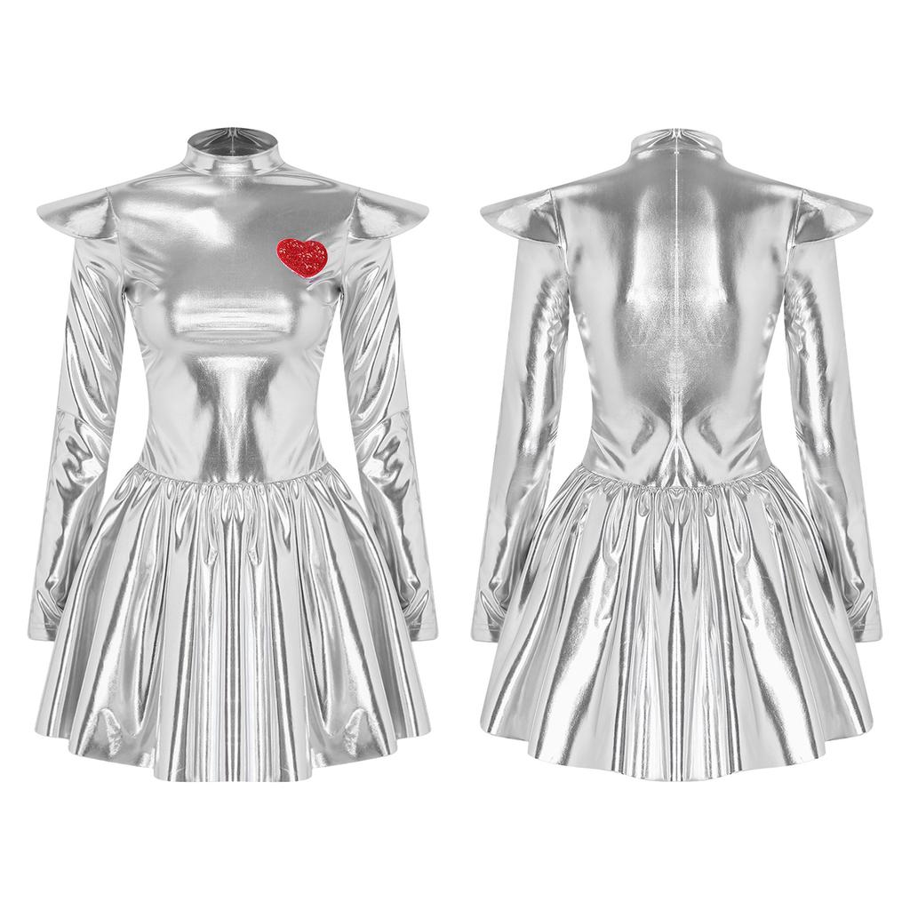 Women Stage Performance Dress Mock Neck Long Sleeve Shoulder Boards Sequin Hearts Metallic Tulle Lining Back Invisible Zipper for Halloween Party