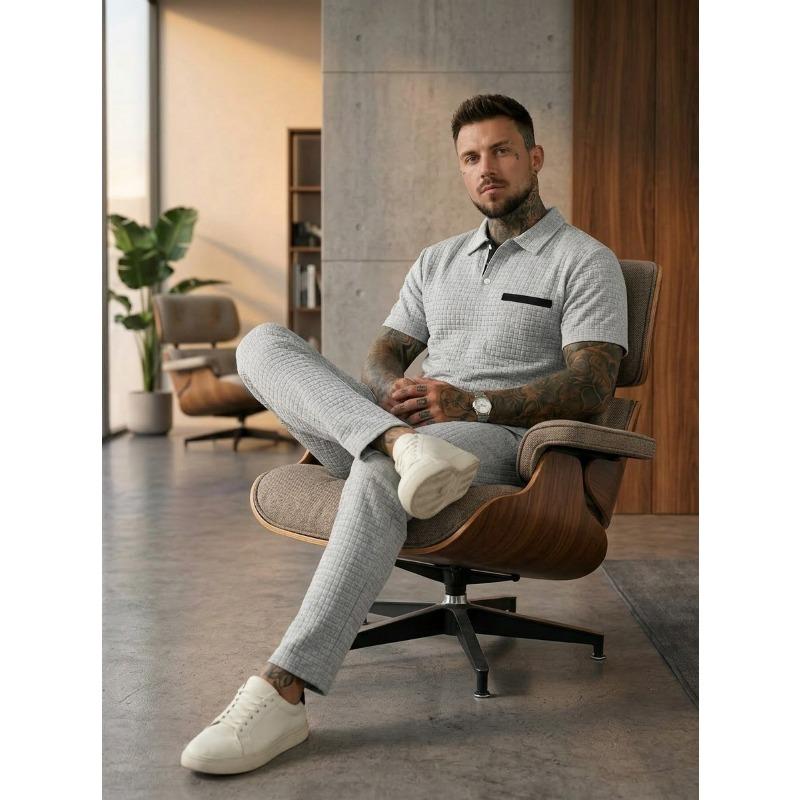 Solid Waffle Mens Casual Short Sleeve Polo Shirt And Long Pants Set