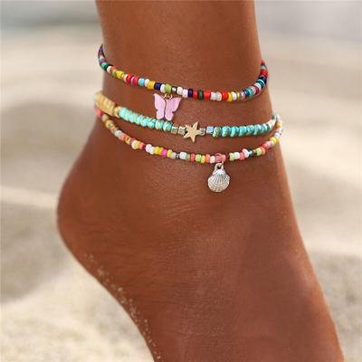 Bohemian Bunte Perlen Fußkettchen Für Frauen Sommer Ozean Strand Handgemachte Schmetterling Shell Knöchel Armband Fuß Bein Schmuck