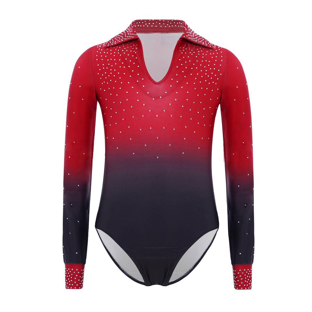 Boys Gymnastics Dance Leotard Turn Down Collar Long Sleeve Shiny Rhinestones Gradient Color Bodysuit