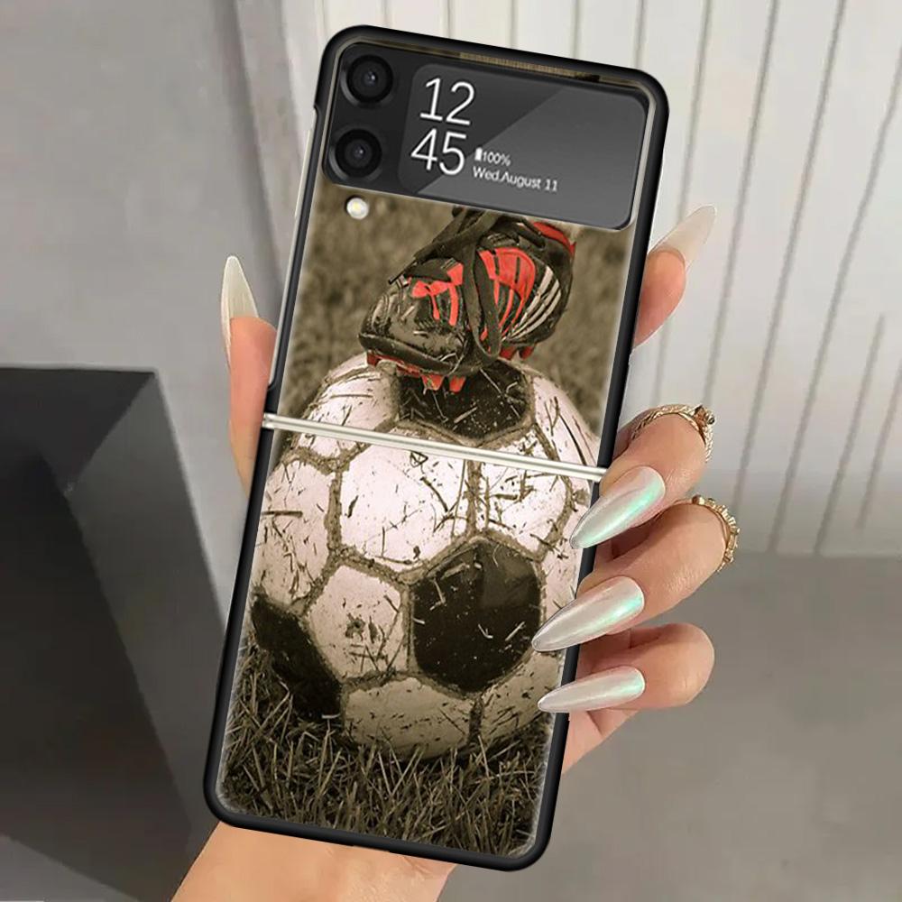 Football Soccer Ball Design Hard PC Phone Case For Samsung Galaxy Z Flip 6 5 4 3 Black Cover ZFlip6 Flip5 Flip4 5G Foldable Prin