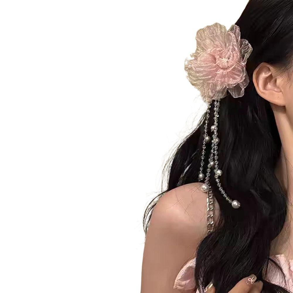Pearls Peony Flower Hair Clip Long Tassel Headwear Elegant Barrettes  Women