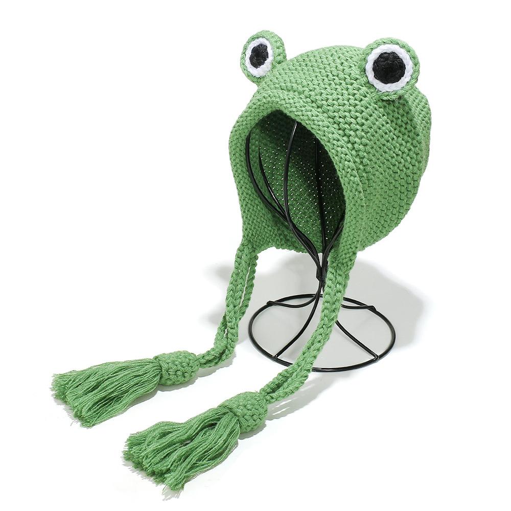 Korean Version of Cute Frog Hat Outdoor Windproof Ear Protection Wool Hat Student Warm Lace-up Knitted Hat Bag Head Hat