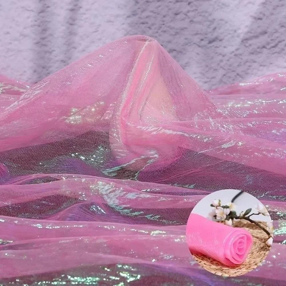 100x140cm Rainbow Laser Yarn Fabric Wrinkled High-Density Organza Fabric Texture Designer Illusion Color Iridescent Organza