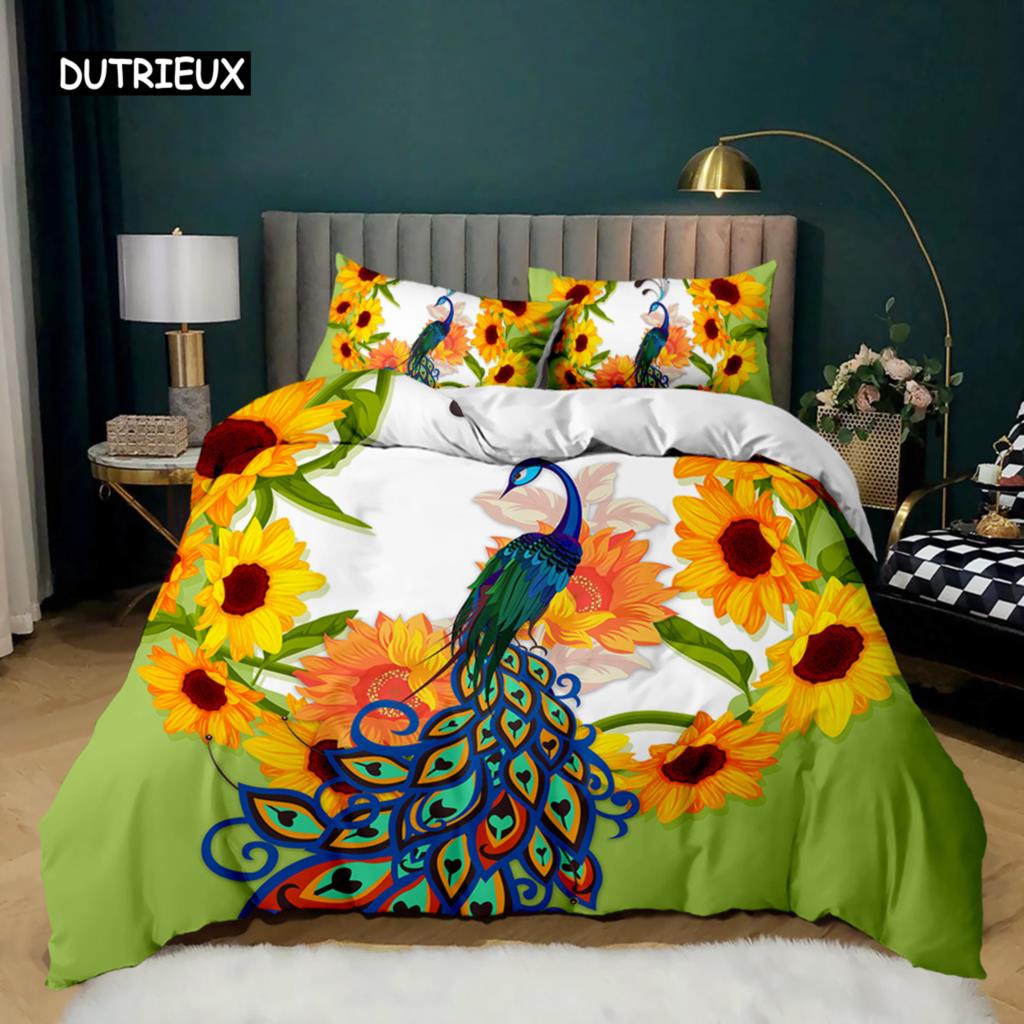 Set Husă Plapumă Păun Elegant Superb Albastru Pene Husă Plapumă Fete Femei Roz Flori Păsări Animal Poliester Husă Plapumă