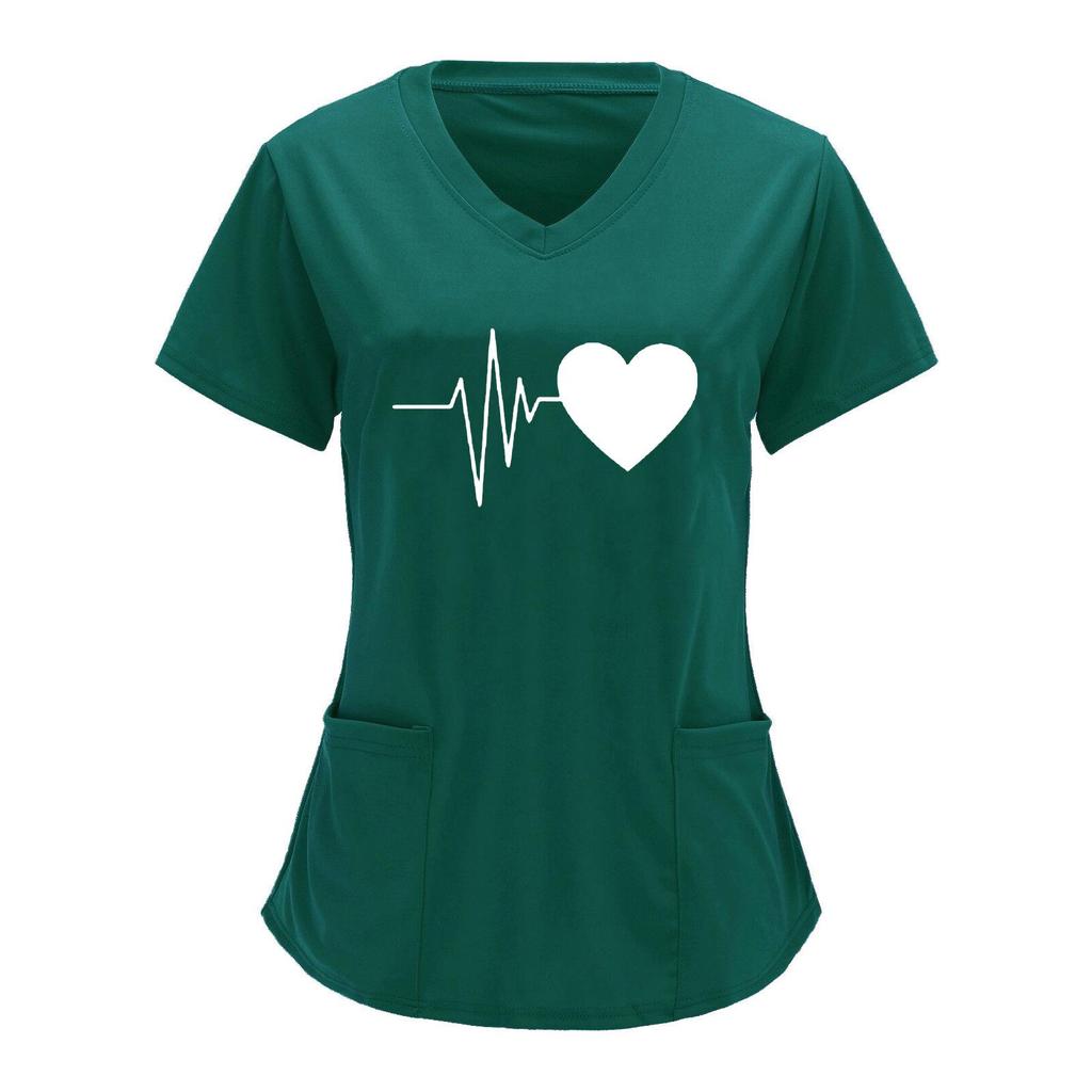 European & American Heartbeat Love Print Nurse Uniform, V-Neck, Double Pocket, Short-Sleeve T-Shirt, Large Size