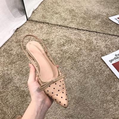 Fashion Women's 2024 New Polka Dot Chunky Heel Graceful Pointed Toe Shallow Mouth Slimming Baotou Bow Shoes Women Sandals