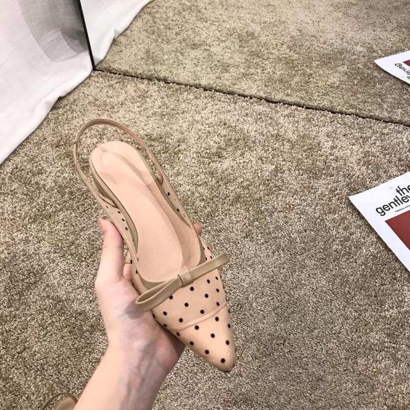 Women's 2024 New Polka Dot Chunky Heel Graceful Pointed Toe Shallow Mouth Slimming Baotou Bow Shoes Women Sandals